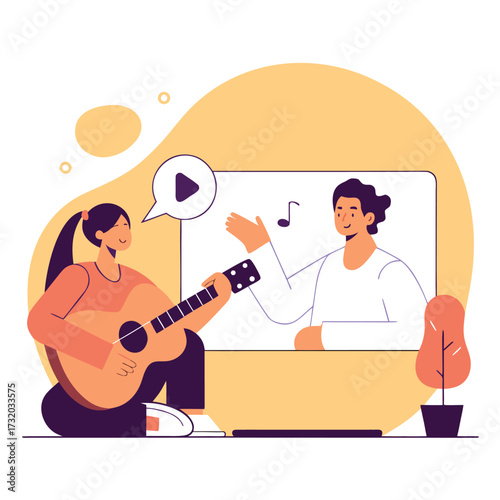 Woman learning guitar online vector illustration of a virtual music lesson concept for remote education and e-learning