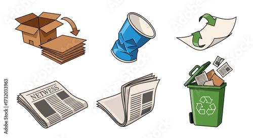 Assorted Recyclable Waste Items in Cartoon Style.