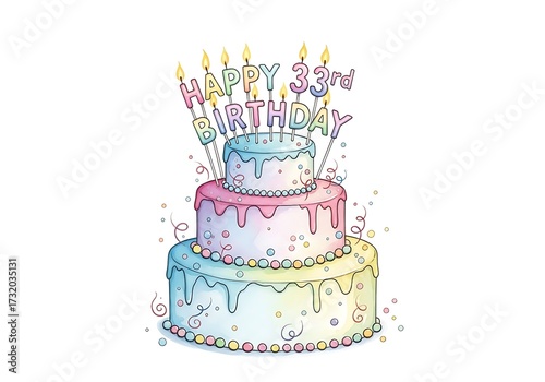 Adorable watercolor cartoon three-tier birthday cake with 