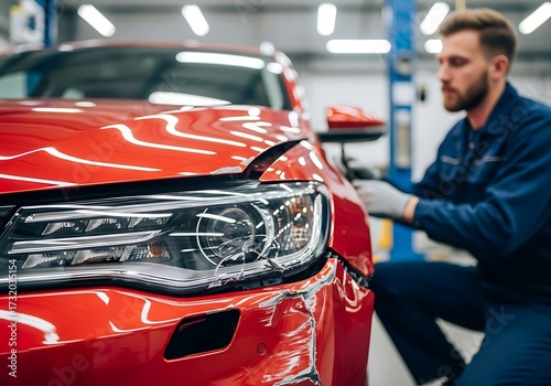 Red car damaged in auto repair shop automotive repair
