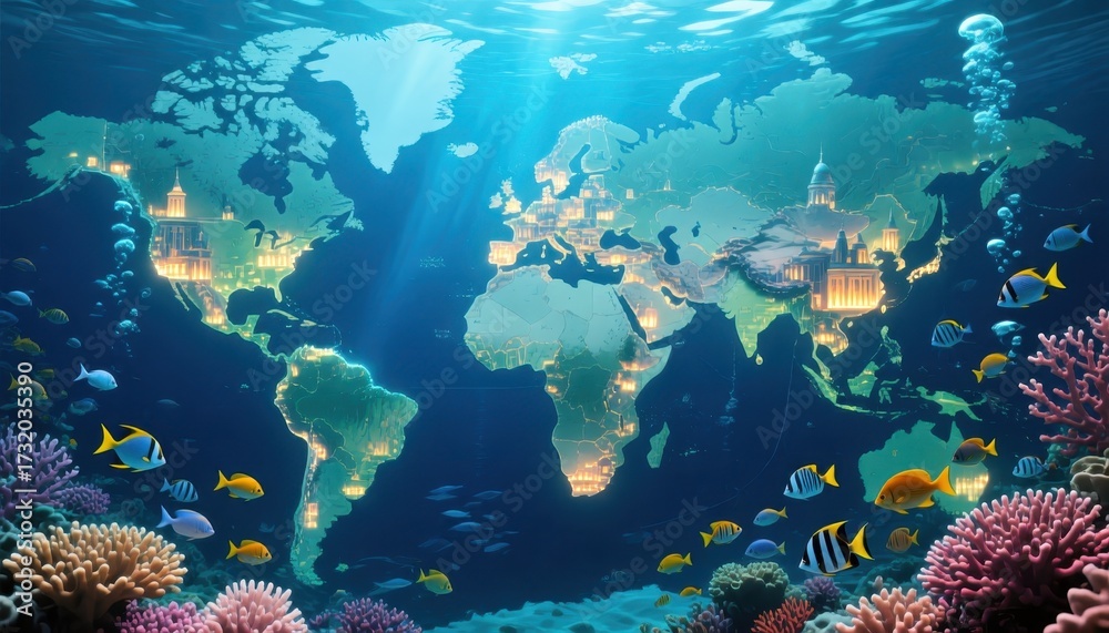 Naklejka premium Underwater world map illuminated with lights surrounded by vibrant coral reefs and tropical fish