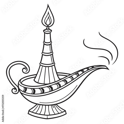 A classic black and white line art illustration of an ornate genie lamp with a lit flame and wisps of smoke emanating from its spout