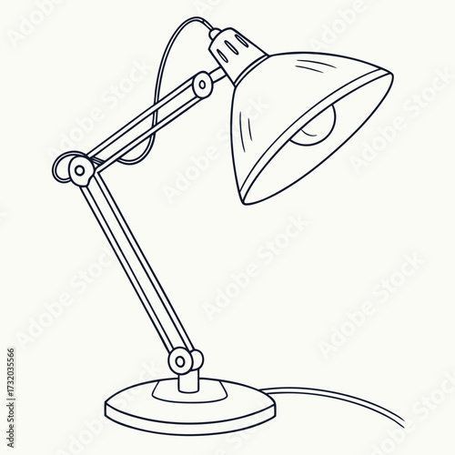 A simple hand drawn line art illustration of a classic adjustable desk lamp with a flexible arm and a conical shade on a white background