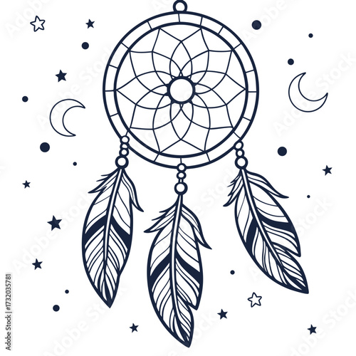 Dreamcatcher with feathers moon and stars illustration in dark blue outline style on white background