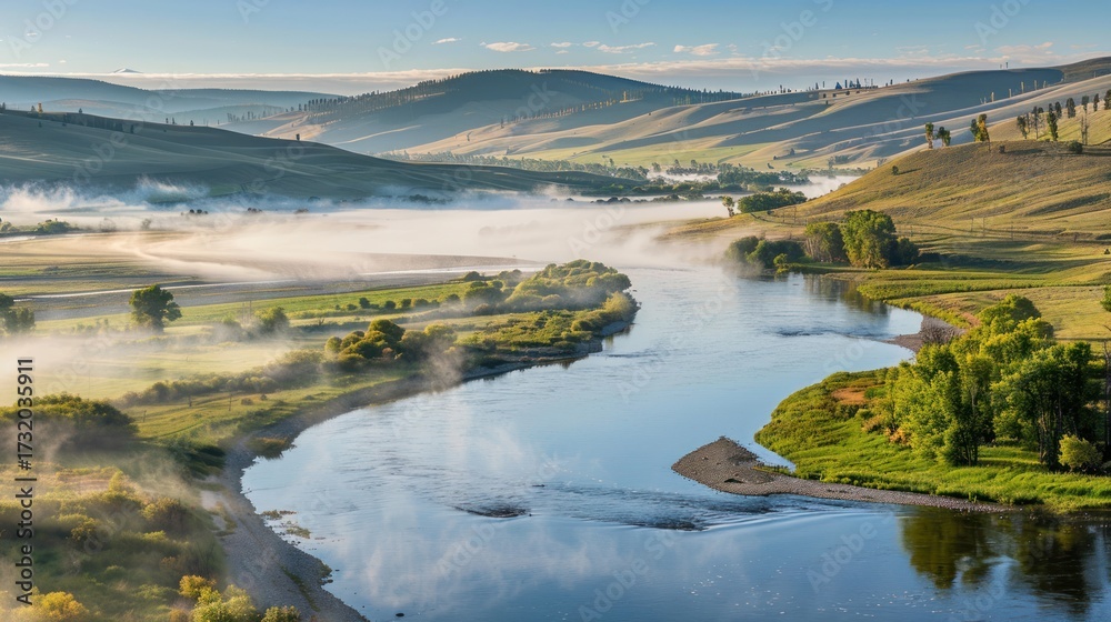 Obraz premium Serene River Landscape with Rolling Hills Misty Morning Blue Sky Nature Scene