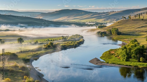 Serene River Landscape with Rolling Hills Misty Morning Blue Sky Nature Scene