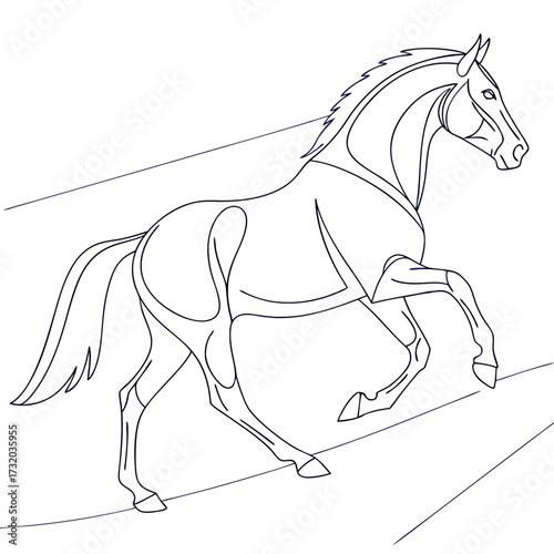 Elegant outline drawing of a powerful horse in motion with flowing mane and tail on a simple background