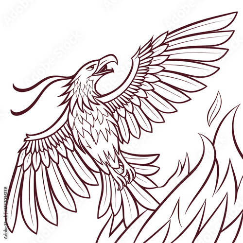 Majestic mythical phoenix bird with outstretched wings rising from stylized flames in a powerful symbol of rebirth and resilience