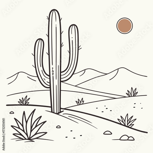 Minimalist line art illustration of a saguaro cactus in a desert landscape with rolling hills and a sun in the sky
