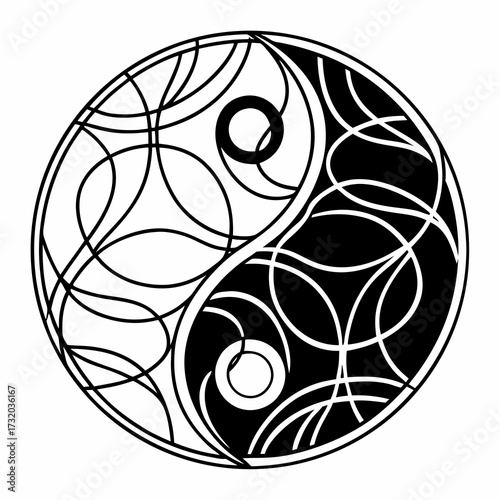 Intricate black and white yin yang symbol design with swirling lines and circular elements creating a sense of balance and harmony