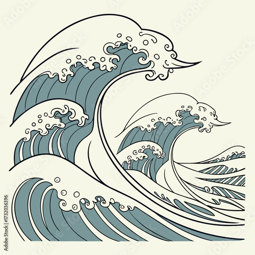Stylized japanese great wave illustration with blue and white tones against a cream background