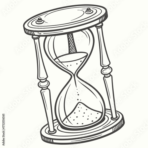 Vintage hourglass with falling sand depicted in a classic hand drawn outline style on a plain background