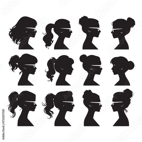 set of black various woman profile vector silhouettes isolated on white background