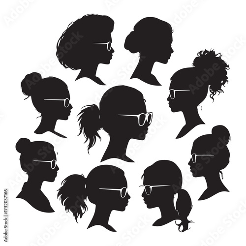 set of black various woman profile vector silhouettes isolated on white background