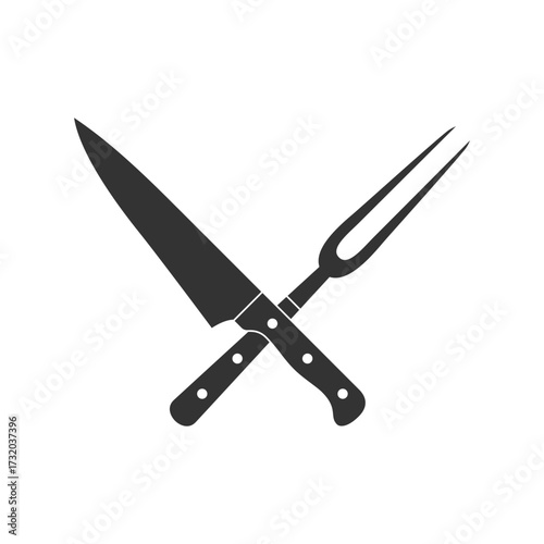 Butcher tools graphic icon. Crossed meat knife and fork isolated symbols on white background. Butchery symbol. Vector illustration
