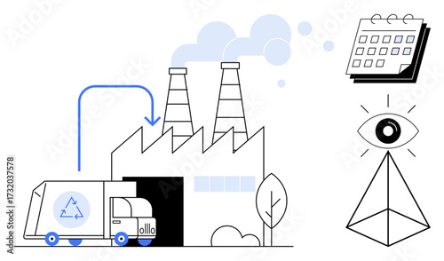 Recycling truck entering factory with smoke stacks, calendar, pyramid with eye, and recycling symbols. Ideal for sustainability, recycling, production, environment time monitoring strategy. Simple