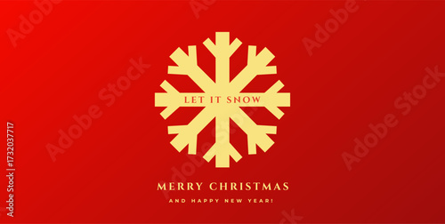 Merry Christmas and Happy New Year horizontal banner, cover, poster, card with gold snowflake in modern simple geometric style on red background for season greetings, ads, sales, print