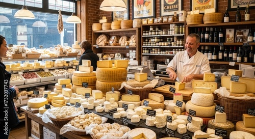 A man is cutting cheese in a store. Cheese market and artisan cheeses, optimal for culinary travel guides, marketing of local products, or gourmet lifestyle media