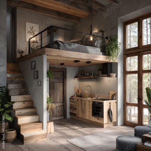 
Loft-style interior with mezzanine modular bed above compact kitchen, natural wood textures, cozy modern vibe