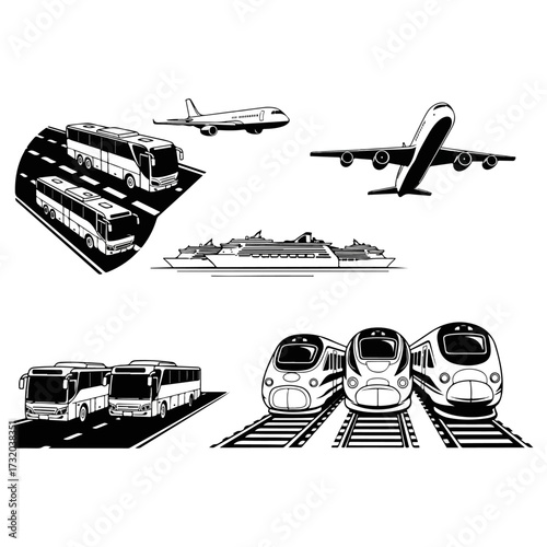 Various modes of transportation, including buses, planes, trains, and ships.