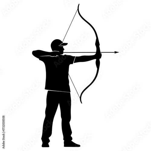 Archer aiming bow and arrow with focused concentration.