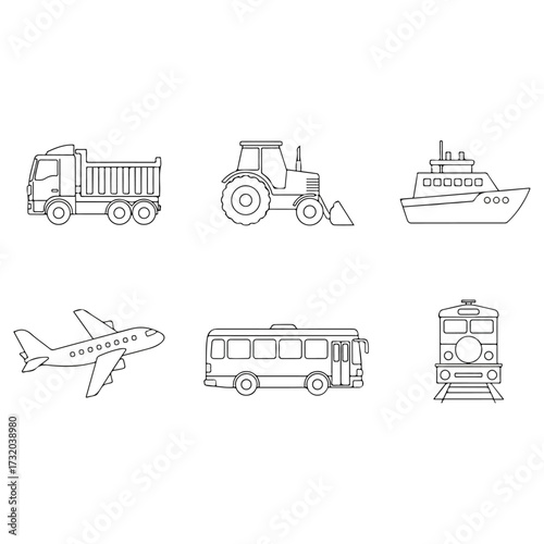 Various modes of transportation vehicles in black and white.