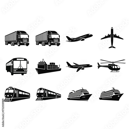 Collection of transportation vehicles in black and white.
