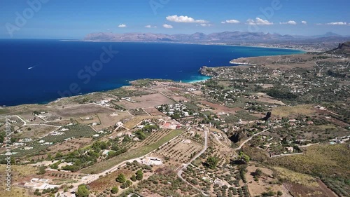 Aerial view of coastal town and Mediterranean Sea in Sicily, Italy