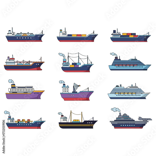 Collection of various ships and boats on white background.