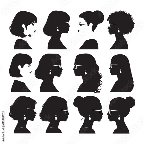 set of black various woman profile vector silhouettes isolated on white background