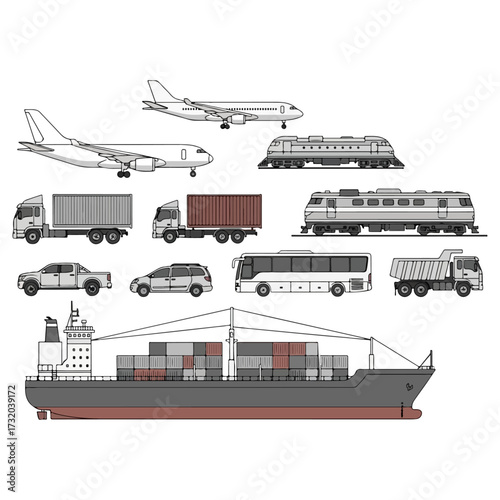 Various modes of transportation for moving goods and people.