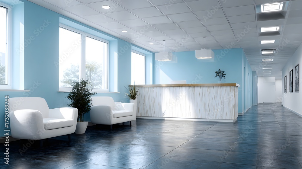 Fototapeta premium Modern reception area with waiting chairs desk and bright natural light