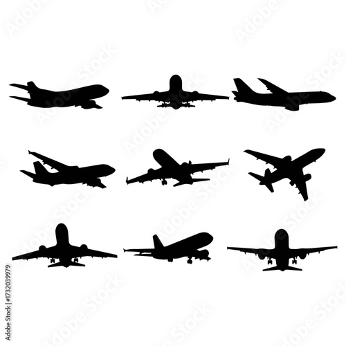 Silhouettes of various airplanes in different positions for travel.
