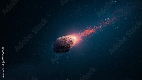 Drifting lone rocky meteor heating up, glowing in starfield, trailing ember debris with plasma tail