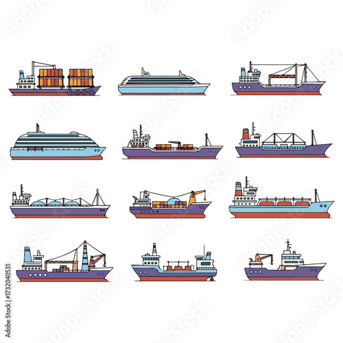 Various cargo ships and vessels for maritime transportation.