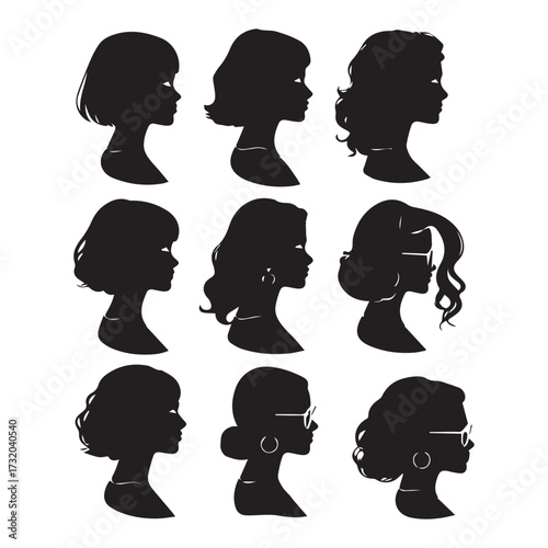 set of black various woman profile vector silhouettes isolated on white background