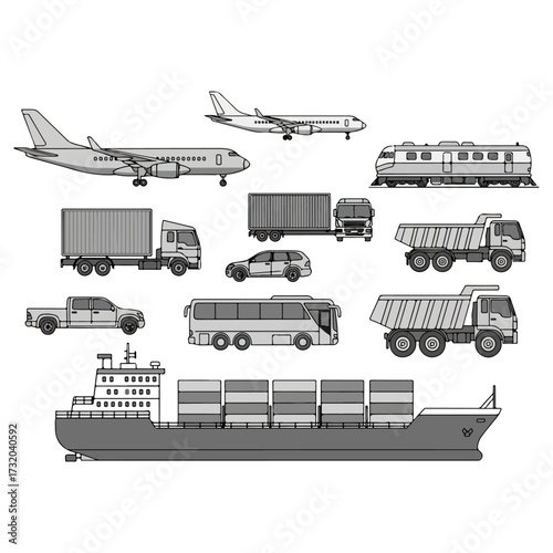 Various modes of transportation for cargo and passengers.