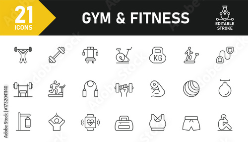 Gym and Fitness line icon set. Set of 21 outline icons related to gym, fitness, dumbbell, barbell, treadmill, sports equipment and others. Editable stroke. Vector illustration.