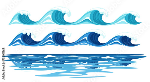 Vector Illustration of Stylized Blue Ocean Waves and Water.