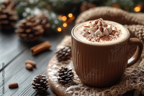 A cup of hot chocolate topped with whipped cream and chocolate.