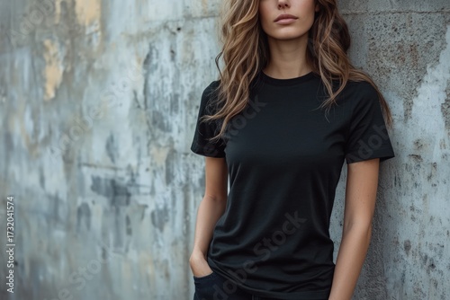 Woman in black tee poses, leaning against a weathered, textured wall. Shows upper body