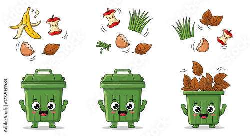 Cartoon Green Trash Can with Organic Waste Elements.