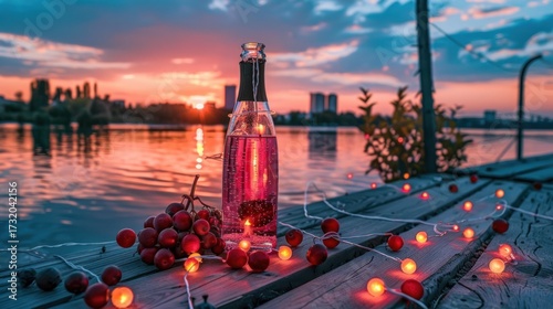 Serene Sunset Over Water with Bottle of Pink Drink and Red Berries on Wooden Pier