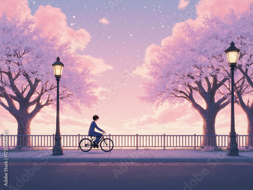 Japanese animation style, background screen of a boy riding a bicycle under a cherry blossom tree, アニメスタイル、桜の木の下を自転車で通り過ぎる少年の壁紙. Generative ai