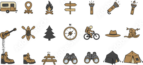 Camping and Outdoor Activities Icon Set Vector