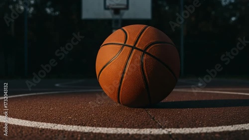 Close up of a basketball on an empty outdoor court at sunset.