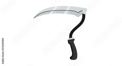 Stylized depiction of a curved scythe with a black handle on white background