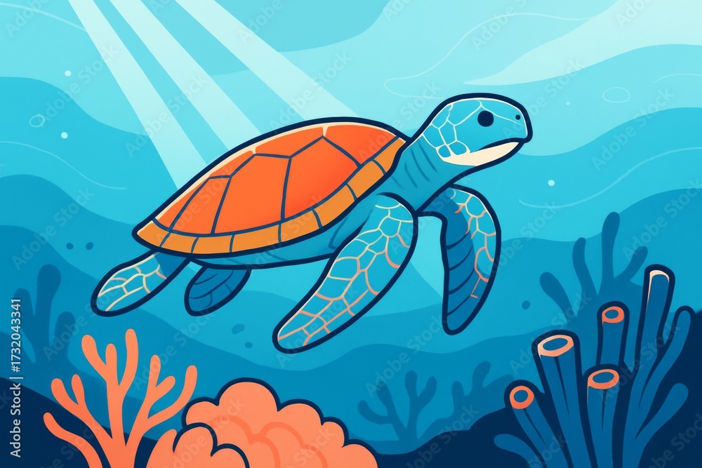 Naklejka premium Colorful sea turtle swimming in ocean with coral reef and light rays on a creative aquatic background. Ai generative. Ai generative