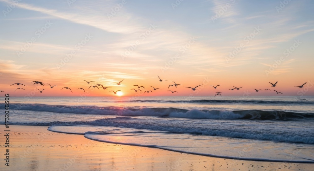 Obraz premium Birds flying over ocean waves at sunset with a colorful sky and beach reflecting the light beautifully