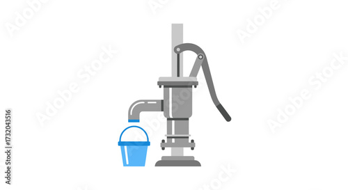 Vintage hand water pump with bucket isolated on clean background